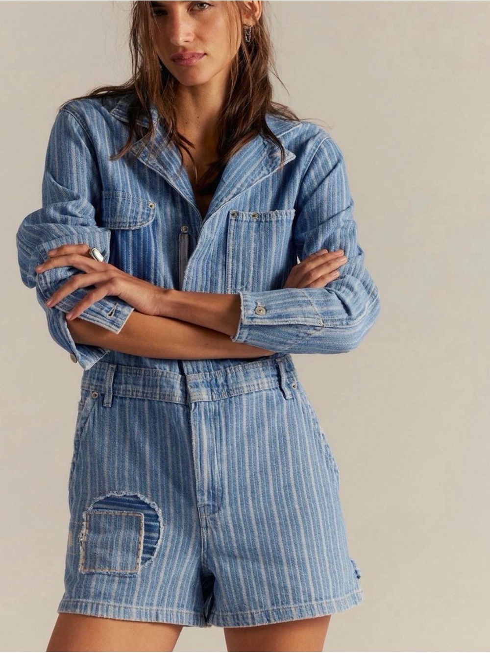 We The Free Light Blue Striped Denim Short Overalls